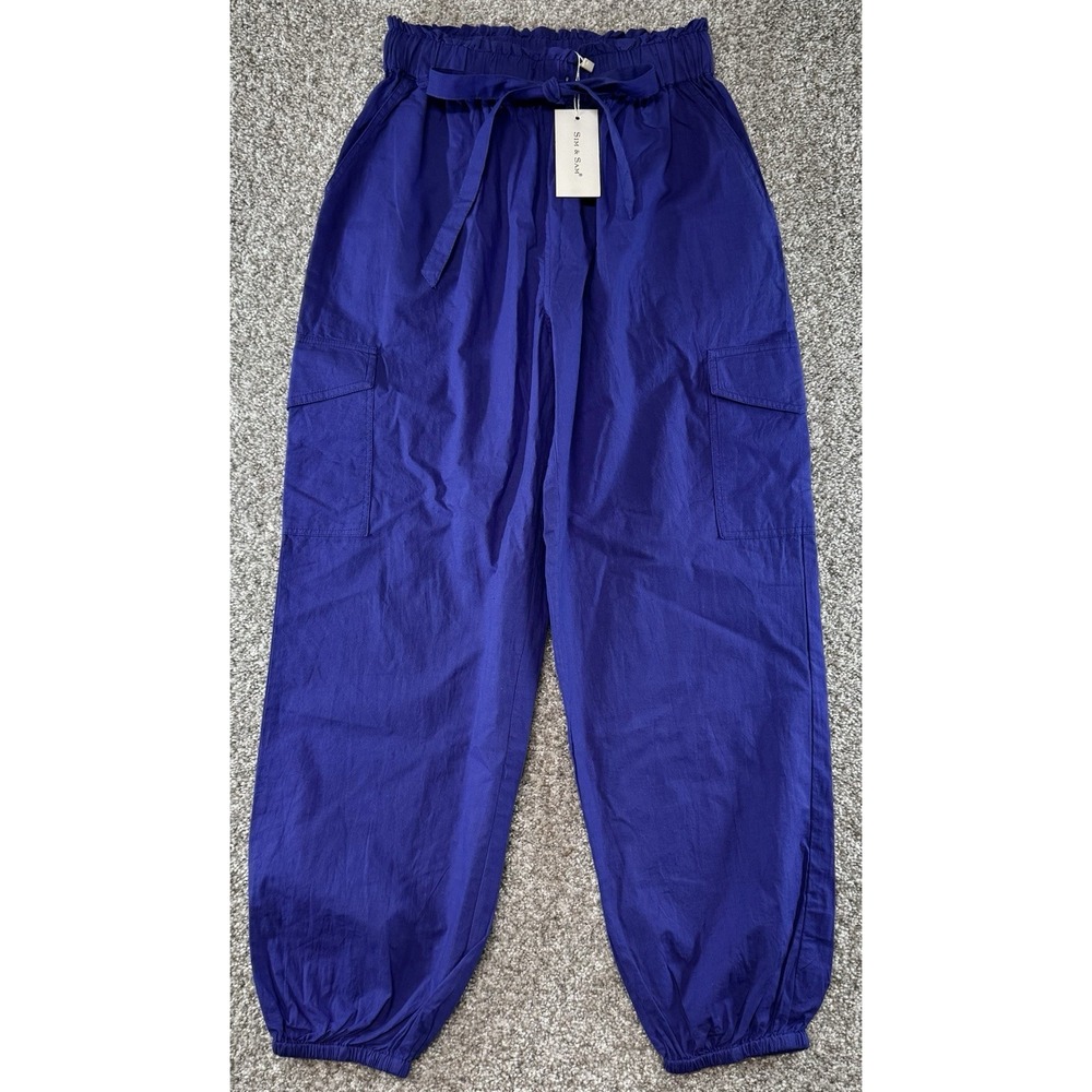 Sim & Sam Pants Womens Medium Cargo Joggers Royal Blue Boho Tie Waist Lounge NEW
